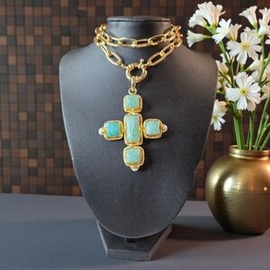18k Gold Plated Genuine Amazonite Freshwater Pearl Cross Necklace